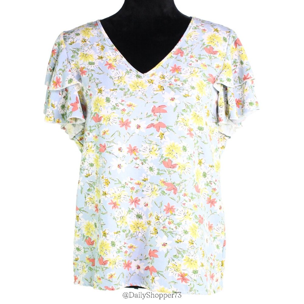 SHEIN Women's Pastel Floral Ruffle Flutter Sleeve V-Neck Blouse